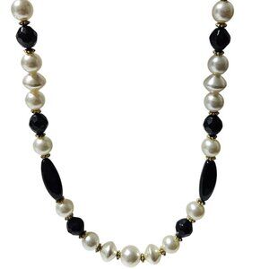 Vintage Elegant Black Onyx Faux Pearl Beaded Necklace Retro Fashion Jewelry